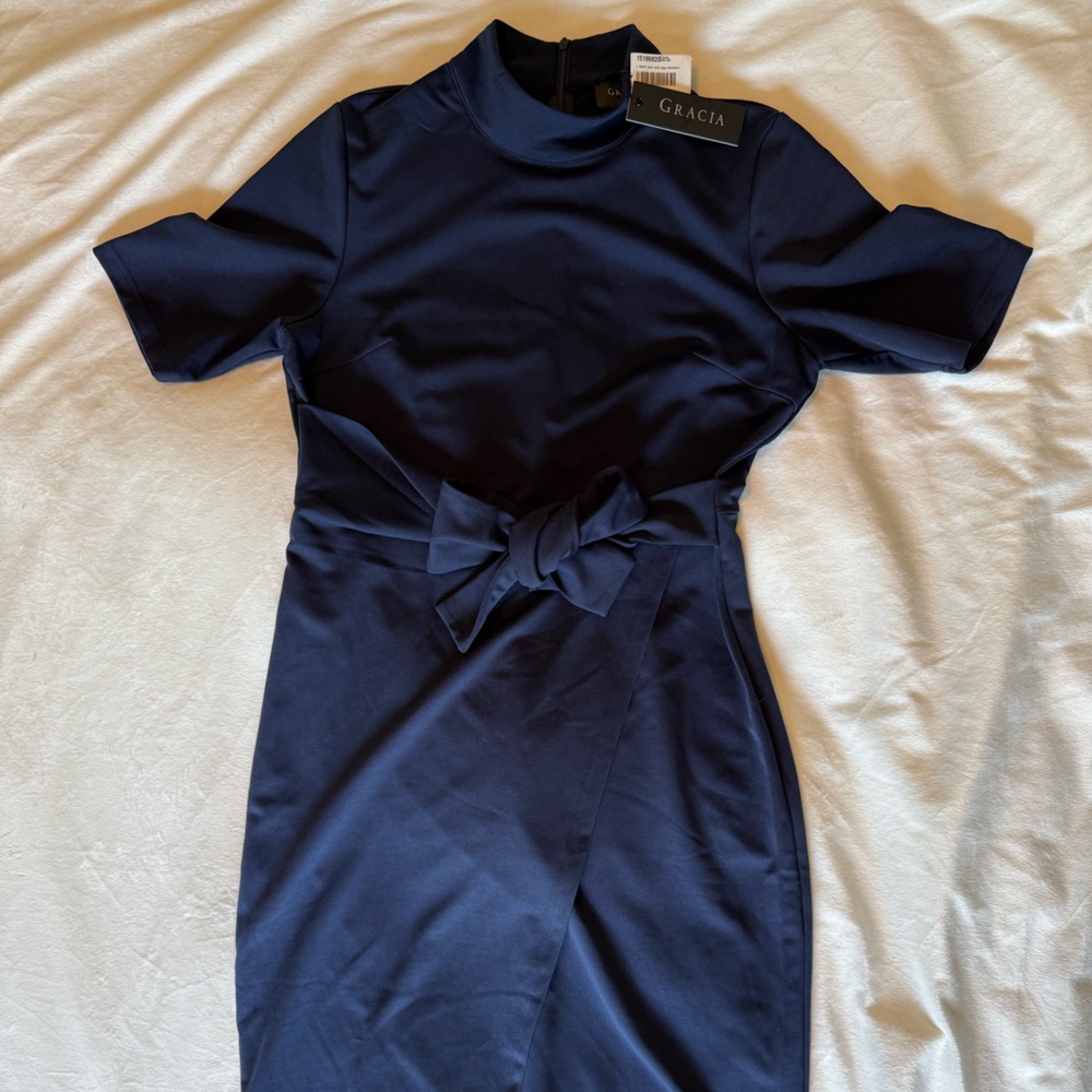 Gracia Navy Faux Wrap Dress with Mock Neck and Tie Front